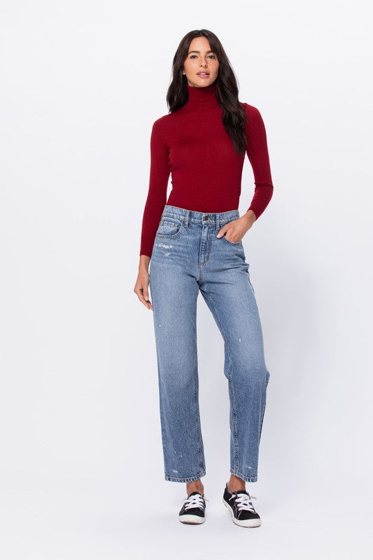 High Rise Slim Straight Leg Jeans with Distressing