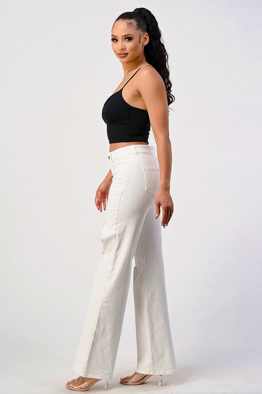 Mid Rise Disstressed Wide Leg White Jeans