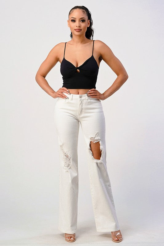 Mid Rise Disstressed Wide Leg White Jeans