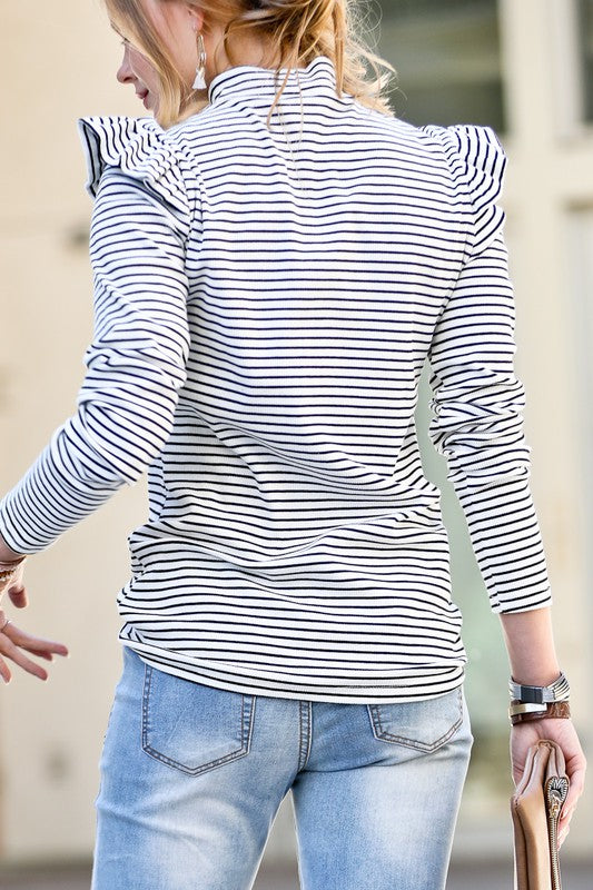 Ruffle Shoulder Cap High Neck Stripe Top