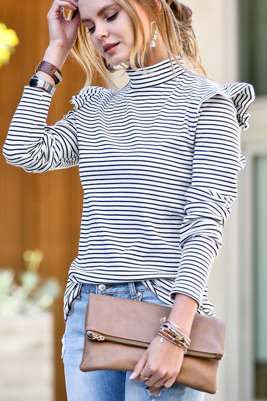 Ruffle Shoulder Cap High Neck Stripe Top
