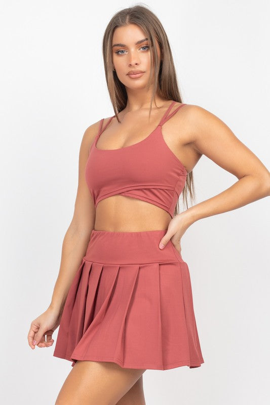 Overlapping Crop Top & Pleated Tennis Skirts Set
