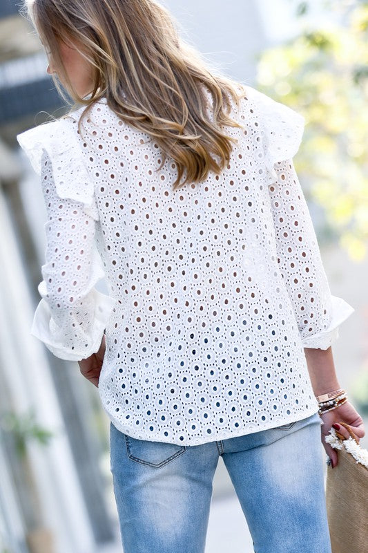 Embroidery Hollow Out Ruffle Shoulder Blouse