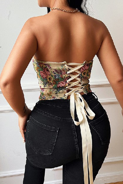 Strapless Jacquard Lace-Up Corset Tops