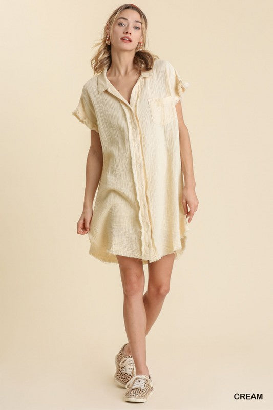 Collar Button Down Short Sleeve Gauze Shirt Dress