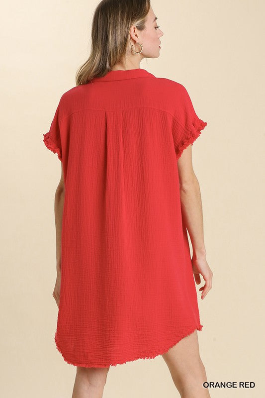 Collar Button Down Short Sleeve Gauze Shirt Dress