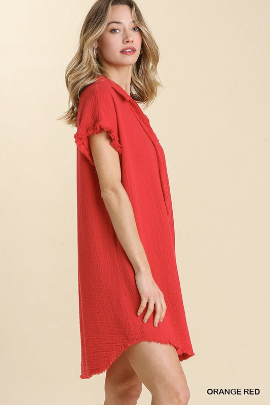 Collar Button Down Short Sleeve Gauze Shirt Dress
