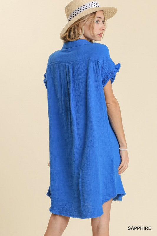 Collar Button Down Short Sleeve Gauze Shirt Dress