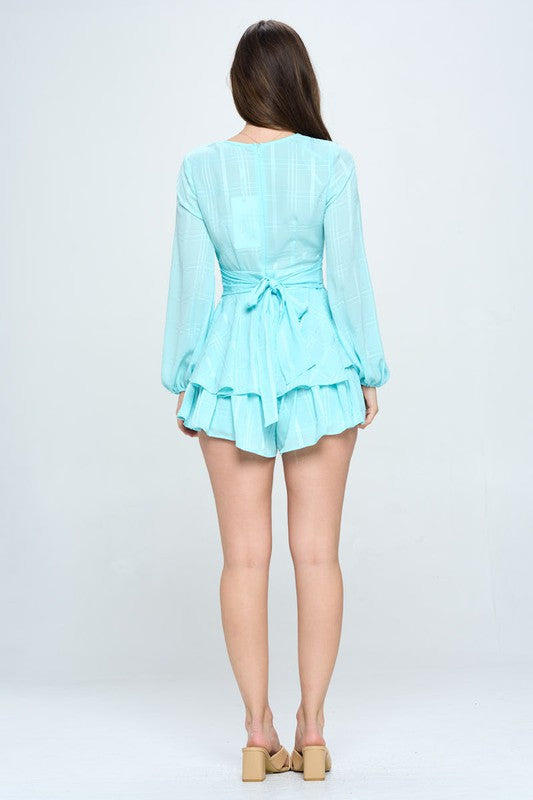 Surplice Front Long Sleeved Tiered Mini Romper