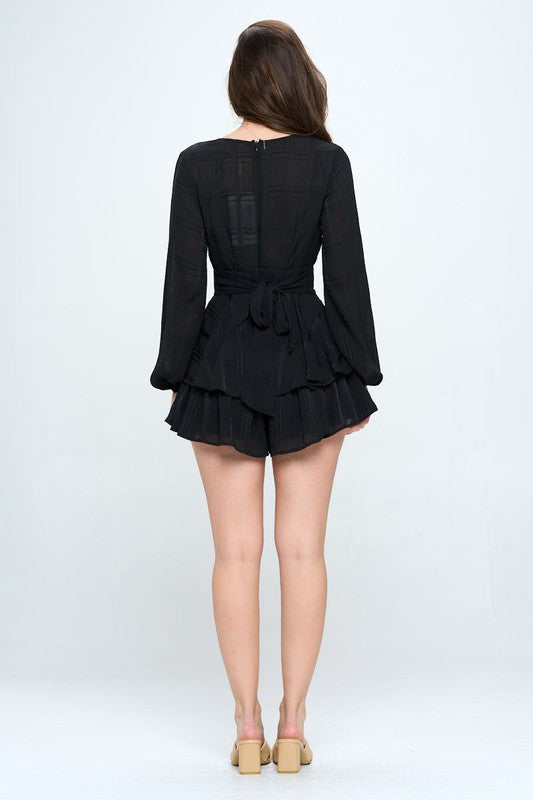 Surplice Front Long Sleeved Tiered Mini Romper