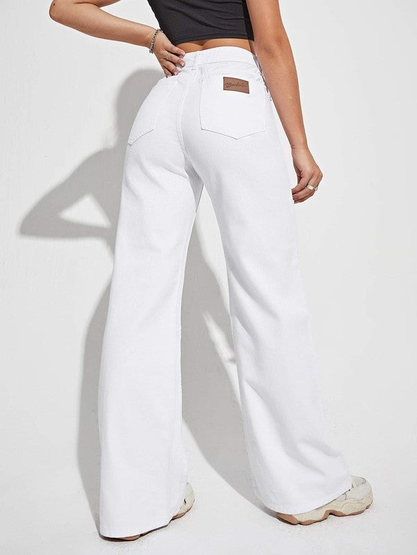 High Waist Patched Detail Wide Leg Pants