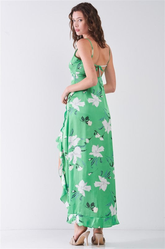 Satin Floral Print Side Slit Detail Maxi Dress