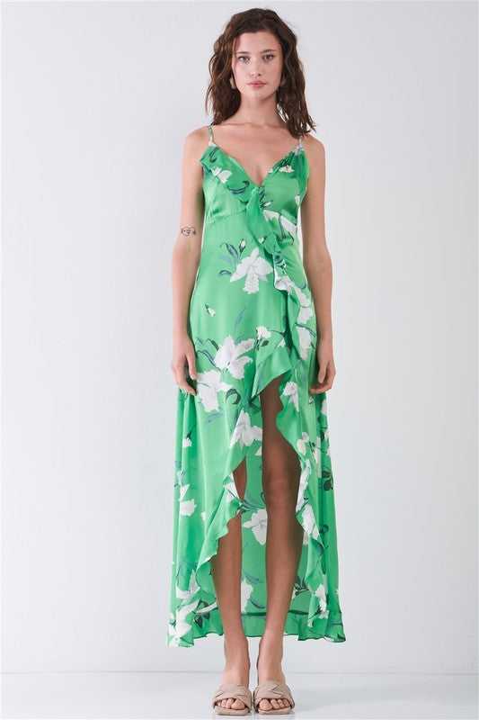Satin Floral Print Side Slit Detail Maxi Dress