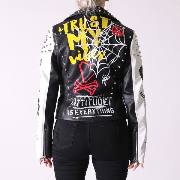 Women'S Colorblock Biker Jacket With Studs & Print