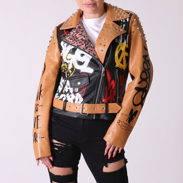 Women'S Colorblock Biker Jacket With Studs & Print