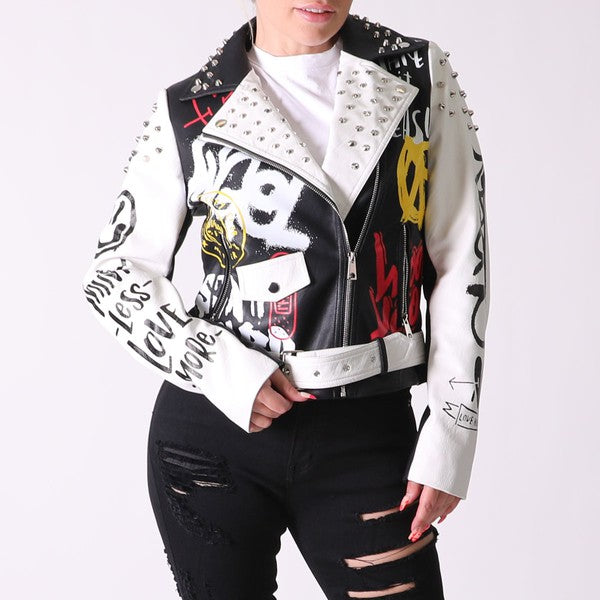 Women'S Colorblock Biker Jacket With Studs & Print