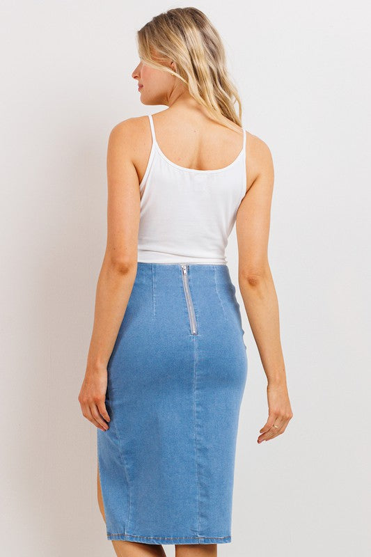 Denim Midi Length Slit Skirt