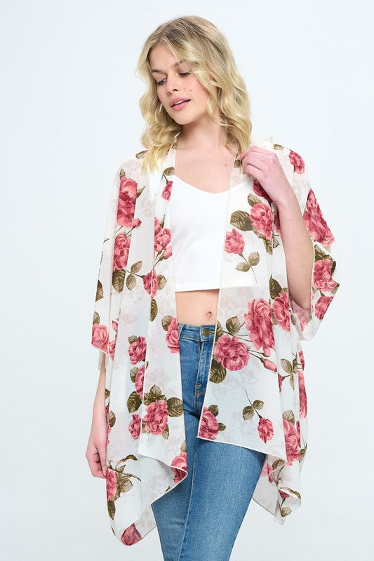 Loose fit kimono cardigan top with flower floral