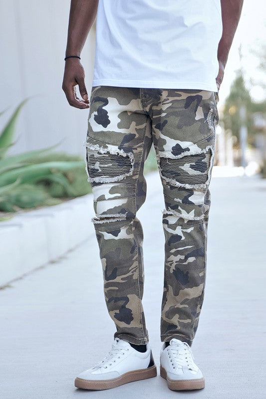 Distressed Camo Biker Denim Jeans