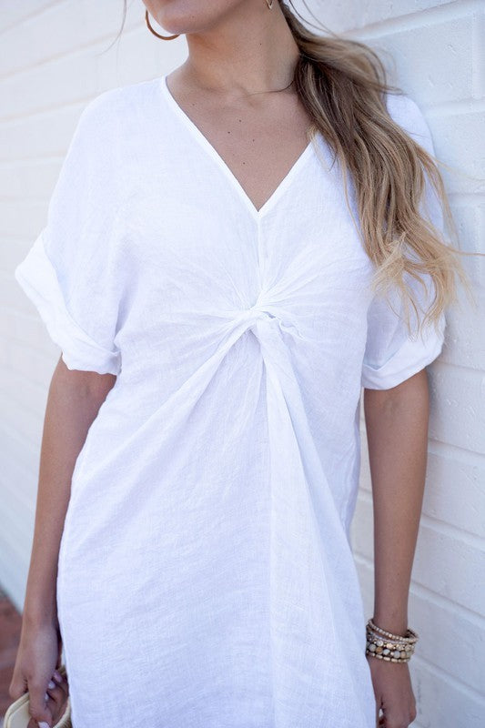 Front Twist Cuffed Short Sleeve Cotton Linen Dress