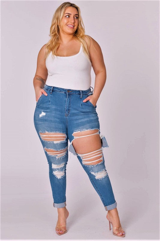 Plus Jeans Rolled Hem Distressed Pleated Mom Jeans