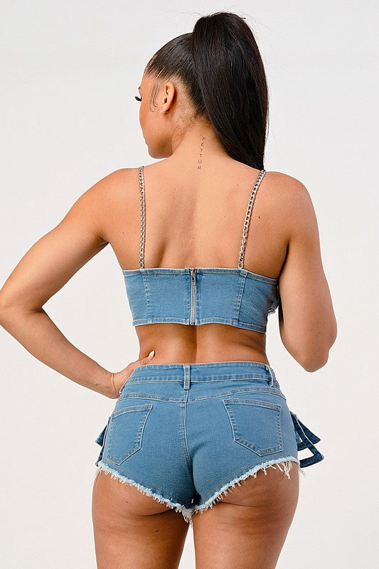 Expertly crafted Hot Summer Casual Distressed Denim Top and Shorts Set: The ultimate fashion statement