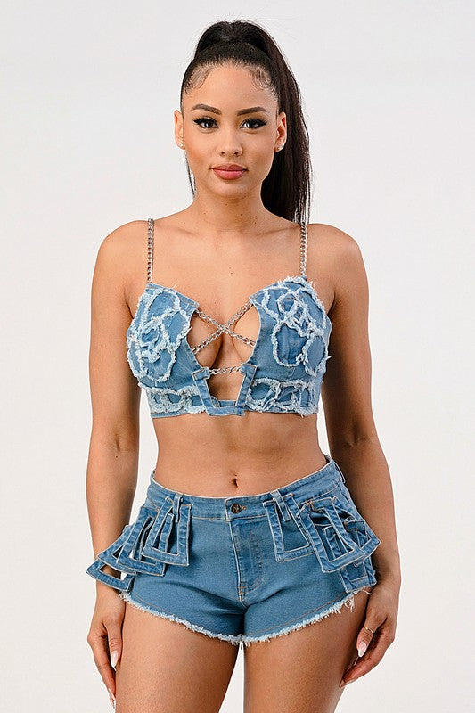 Expertly crafted Hot Summer Casual Distressed Denim Top and Shorts Set: The ultimate fashion statement