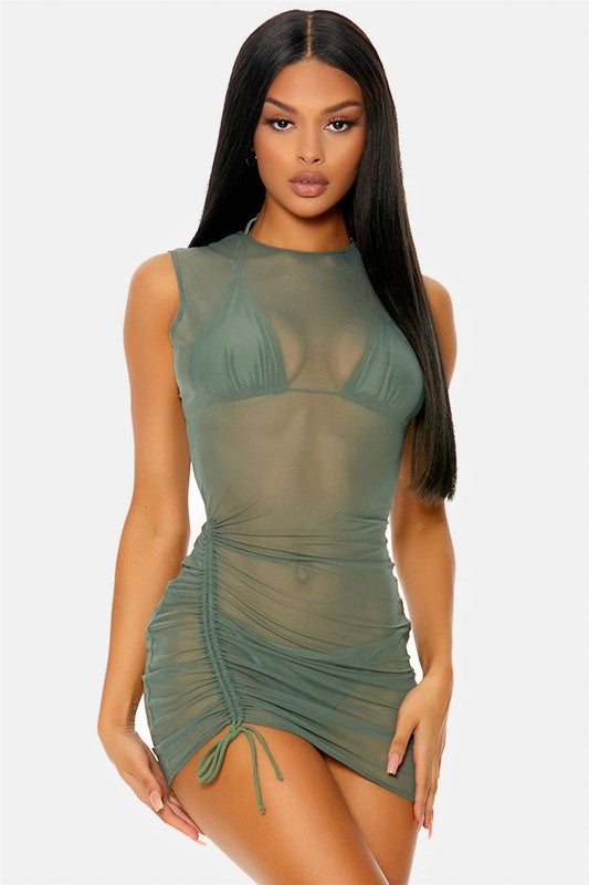 Ruched Mesh Sleeveless Cover Up Dress