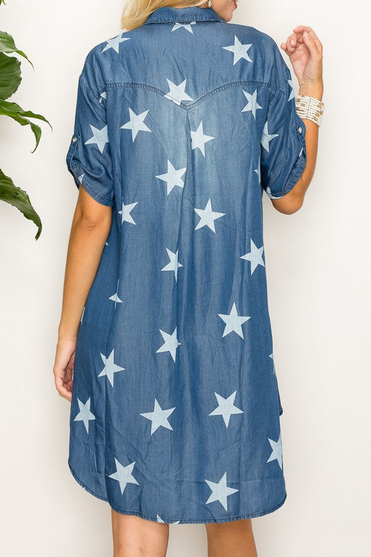 Women Star Denim V Neck Short Sleeve Dress