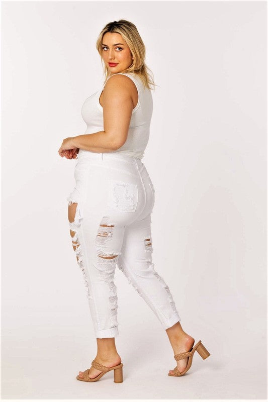 Plus Size High Rise Extreme Distressed White Jeans