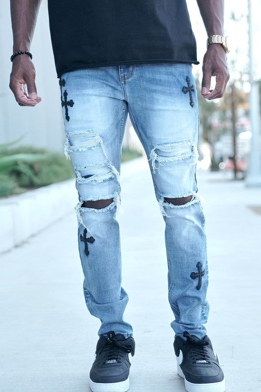 Cross Patch Distressed Denim Jeans