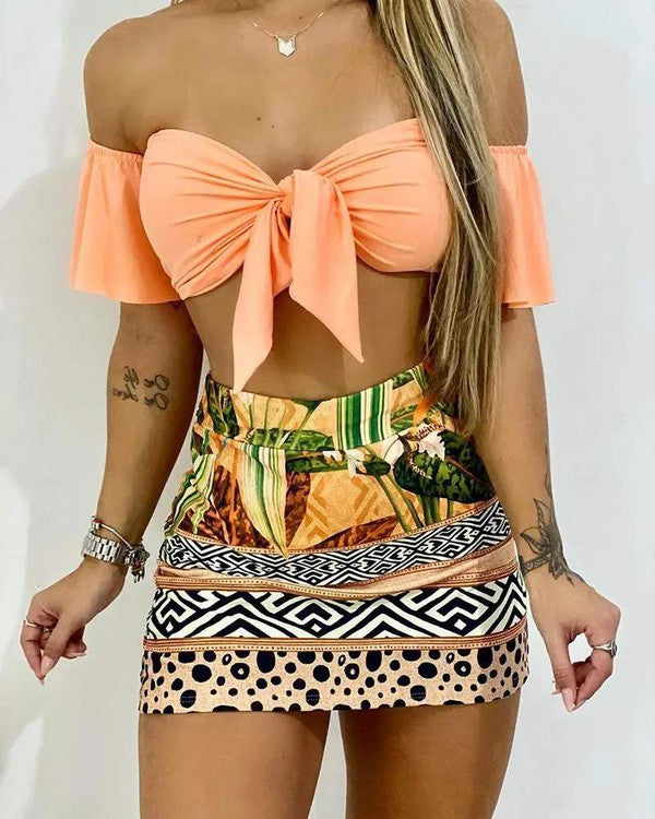 Tie Front Top Tropical Print Colorblock Skirt Set
