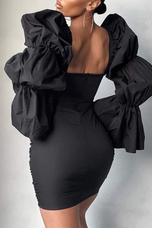 Puff Bell Sleeve Ruched Bodycon Dress