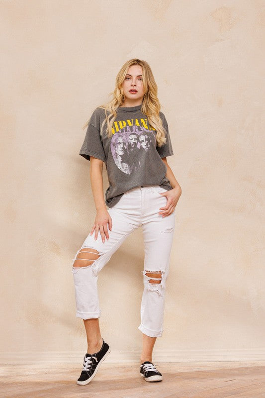 White High Rise 90'S Skinny Jeans W/ Frayed Knees