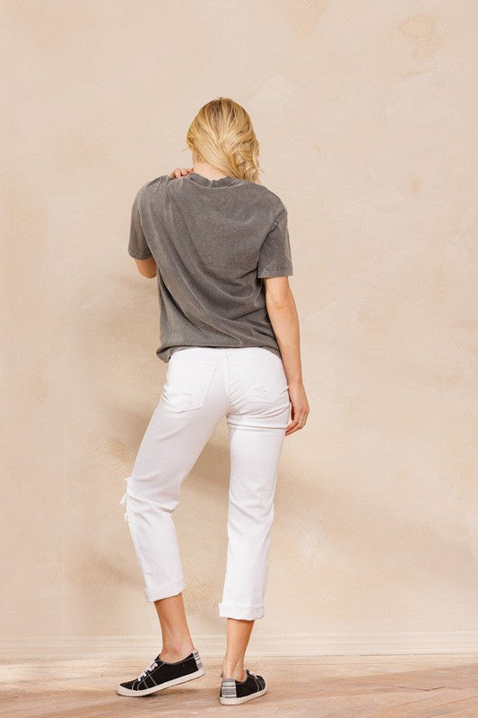 White High Rise 90'S Skinny Jeans W/ Frayed Knees