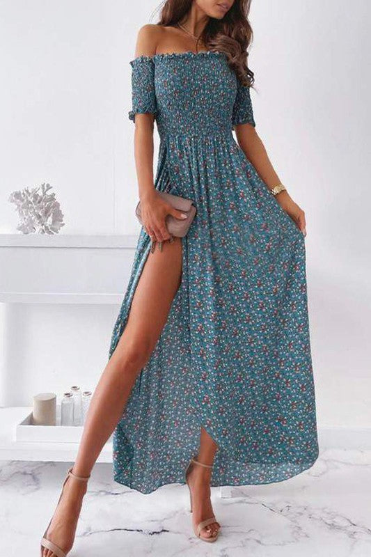 Floral Print Half Sleeve Shirred Loose Slit Dress