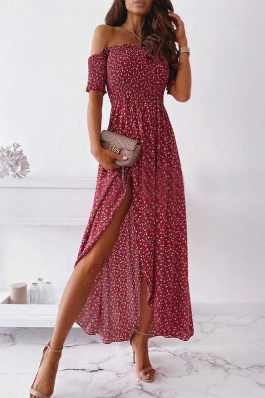 Floral Print Half Sleeve Shirred Loose Slit Dress