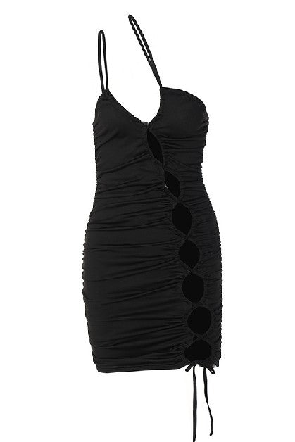 Hollow-Out Drawstring Halter Dres