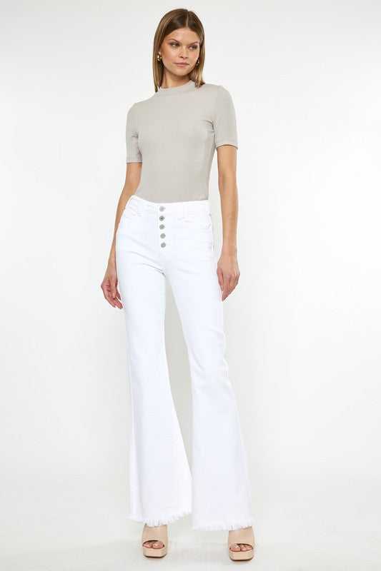 High Rise White Flare Jeans-Kc7410Wt