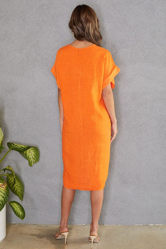 Front Twist Cuffed Short Sleeve Cotton Linen Dress