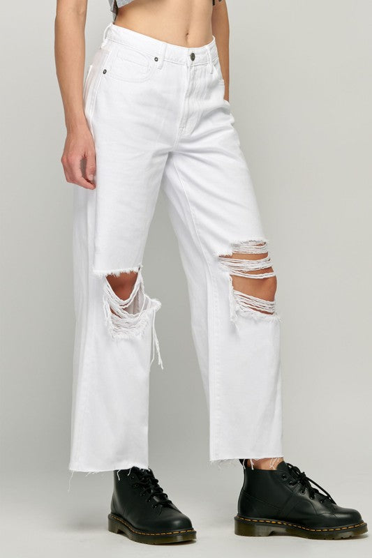 White Knee Distressed Cropped Wide Leg