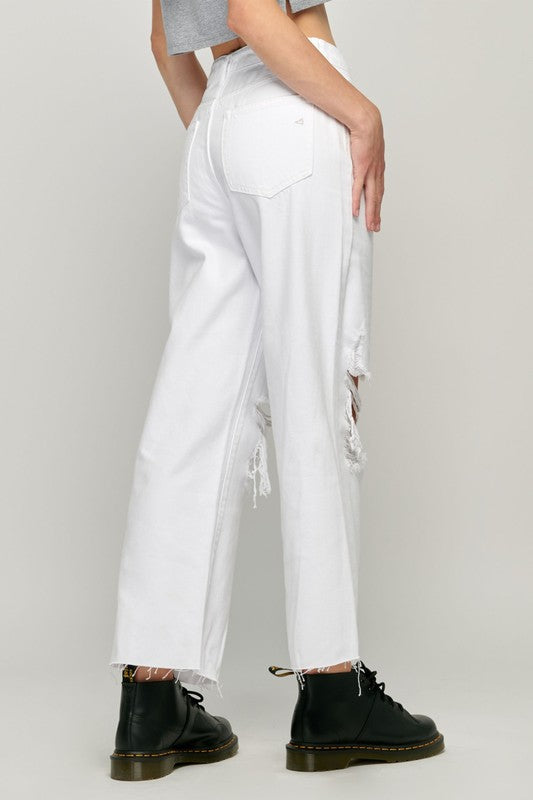 White Knee Distressed Cropped Wide Leg