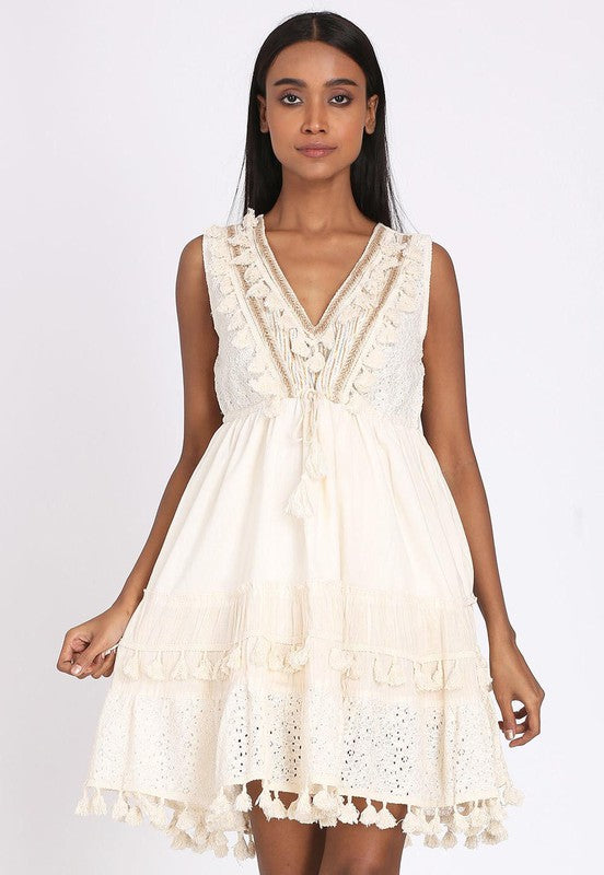Woven Cotton Tassel Dress In Cream