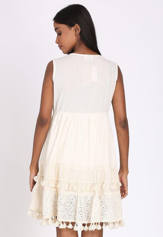 Woven Cotton Tassel Dress In Cream