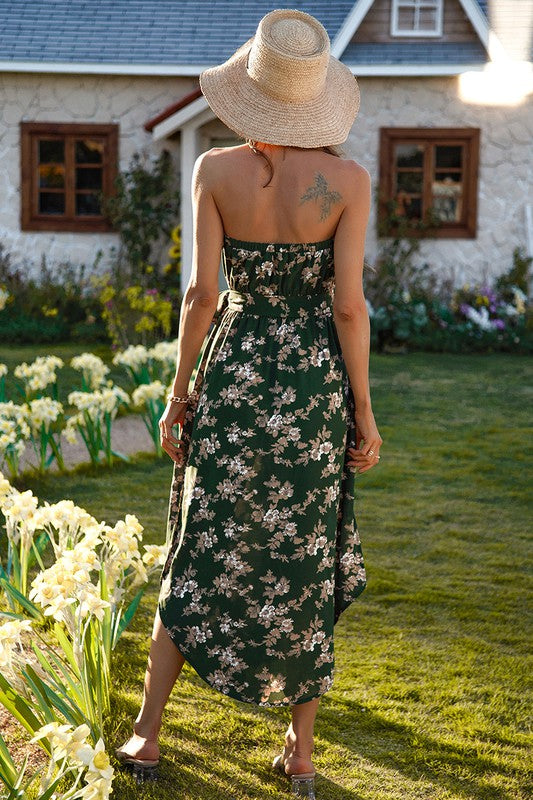 Sleeveless Off Shoulder Floral Print Belt Dress