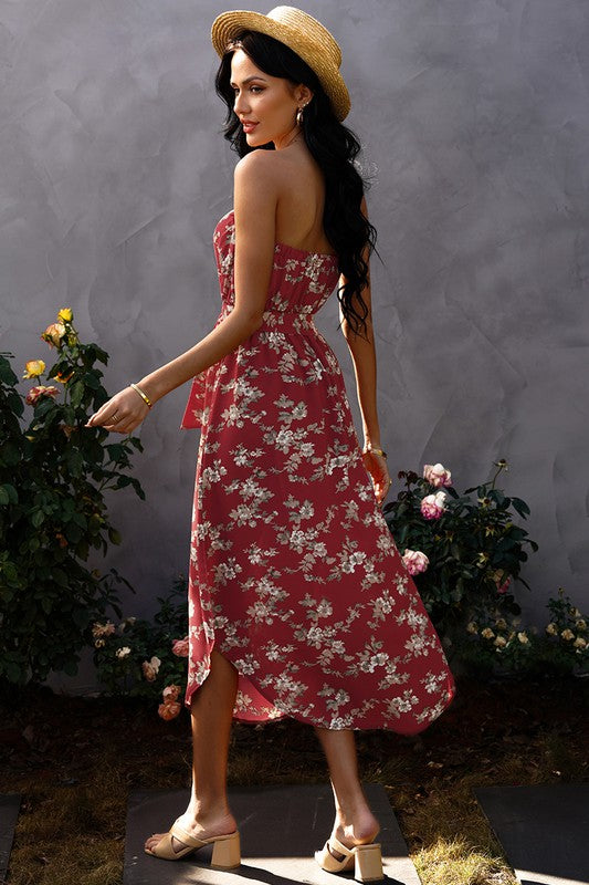 Sleeveless Off Shoulder Floral Print Belt Dress