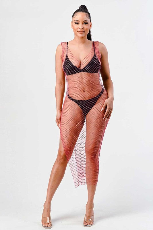 Crystal Beads And Fishnet Seamless Stretch Long
