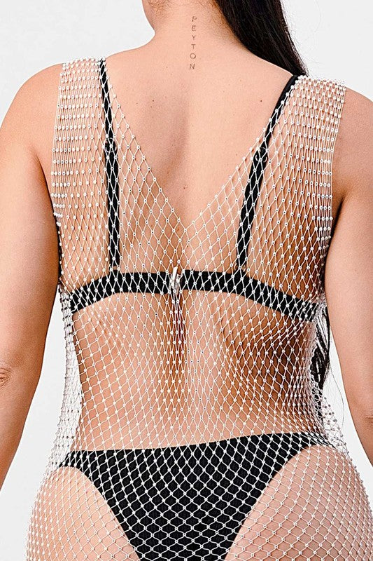 Crystal Beads And Fishnet Seamless Stretch Long