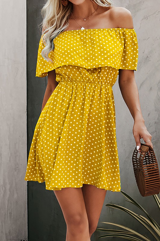 Off Shoulder Polka Dot Ruffled Short Dress