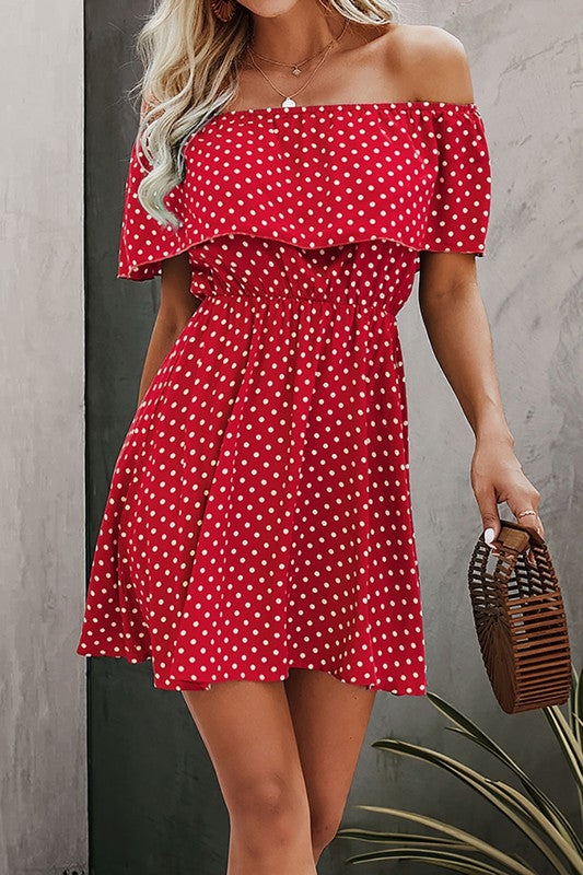 Off Shoulder Polka Dot Ruffled Short Dress